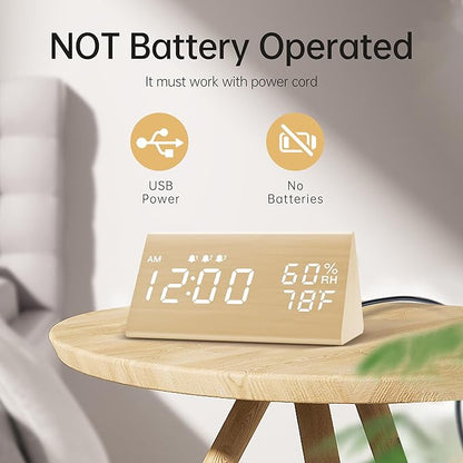 JALL Digital Alarm Clock, with Wooden Electronic LED Time Display, 3 Alarm - Image 2