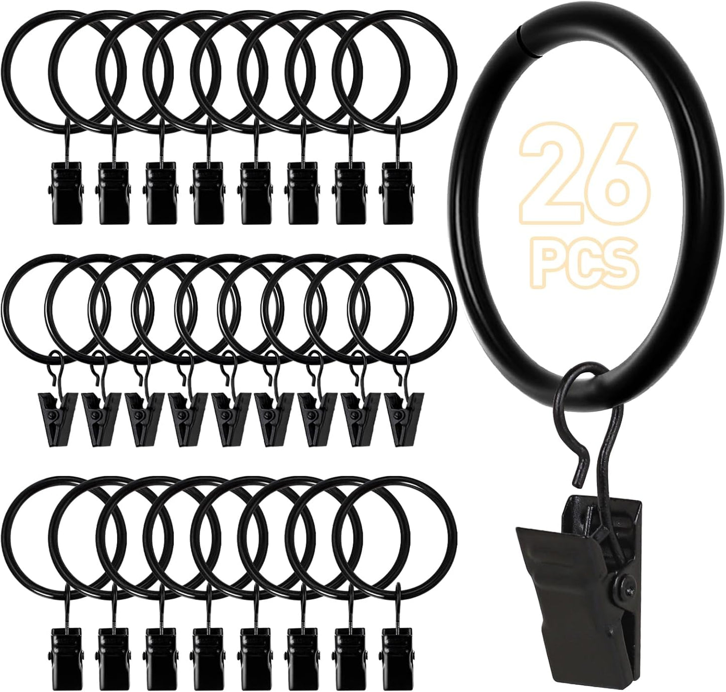 Ninsula 26 PCS Curtain Rings with Clips, Curtain Hooks for Drapes, Curtain Clips with Rings 1.26” Interior Diameter, Black Curtain Rings Fit up to 1 inch Curtain Rod