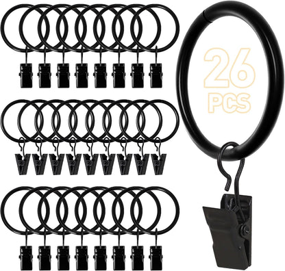 Ninsula 26 PCS Curtain Rings with Clips, Curtain Hooks for Drapes, Curtain Clips with Rings 1.26” Interior Diameter, Black Curtain Rings Fit up to 1 inch Curtain Rod