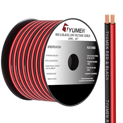12 Gauge Wire 50FT, 12 AWG Red Black Hookup Electrical Wire LED Strips by Tyumen