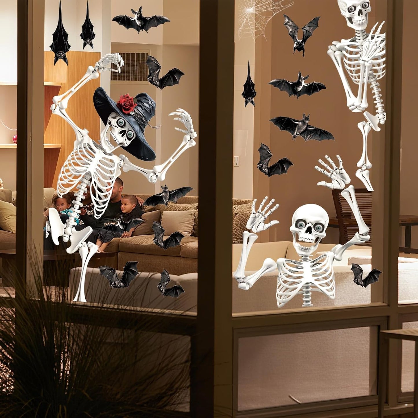 Large Halloween Window Clings, Skeleton Window Stickers Double-Sided Home Bats Sticker Decals Extra Large Halloween Decorations Indoor Outdoor Room Glass Party Decor