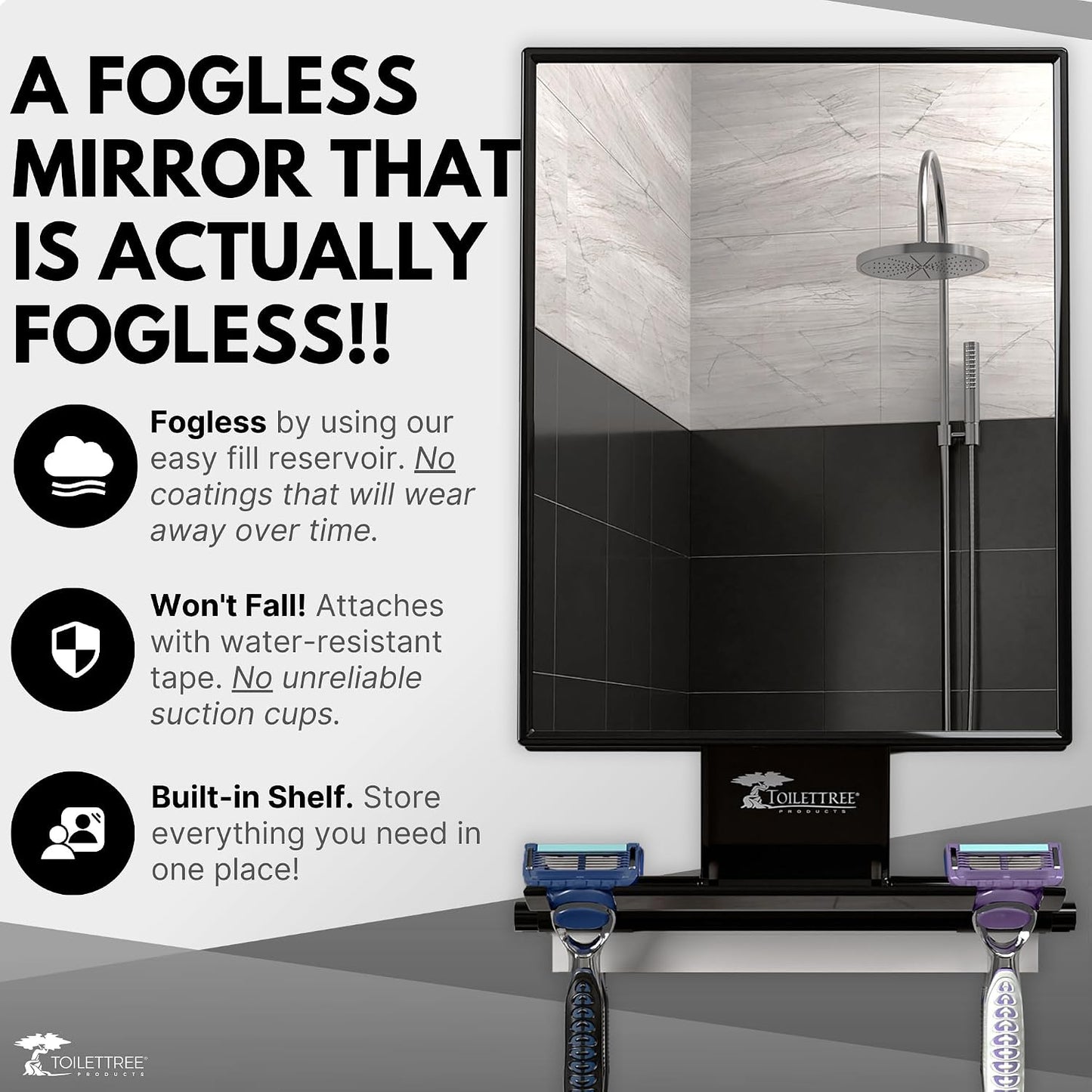 ToiletTree Products Fogless Shower Mirror - Anti-Fog Mirror - Adjustable Shaving Mirror with a Squeegee - Rust-Proof, Impact-Resistance Bathroom Shower Mirror - Tall
