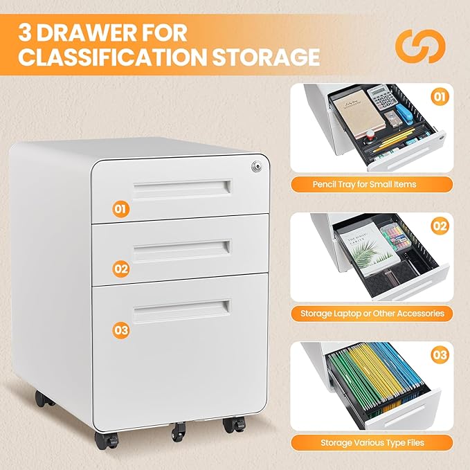 3 Drawer File Cabinet, Fully Assembled Mobile File Cabinets - Image 8
