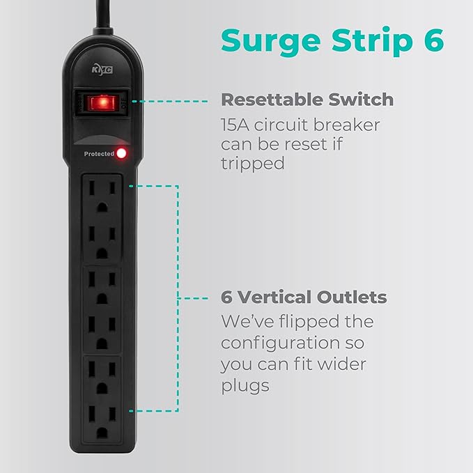 KMC 6-Outlet Surge Protector Power Strip 2-Pack, 900 Joules, 4-Foot Extension - Image 2