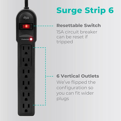 KMC 6-Outlet Surge Protector Power Strip 2-Pack, 900 Joules, 4-Foot Extension - Image 2