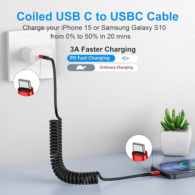 KIYODA Coiled USB C Cable for Car 3FT & 6FT, USB C to USB C Fast Charging Cable - Image 2