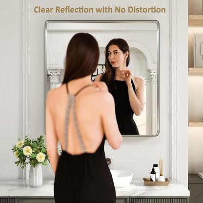 LOAAO 36X36 Inch Brushed Nickel Bathroom Mirror, Rounded Rectangle Silver Metal - Image 2
