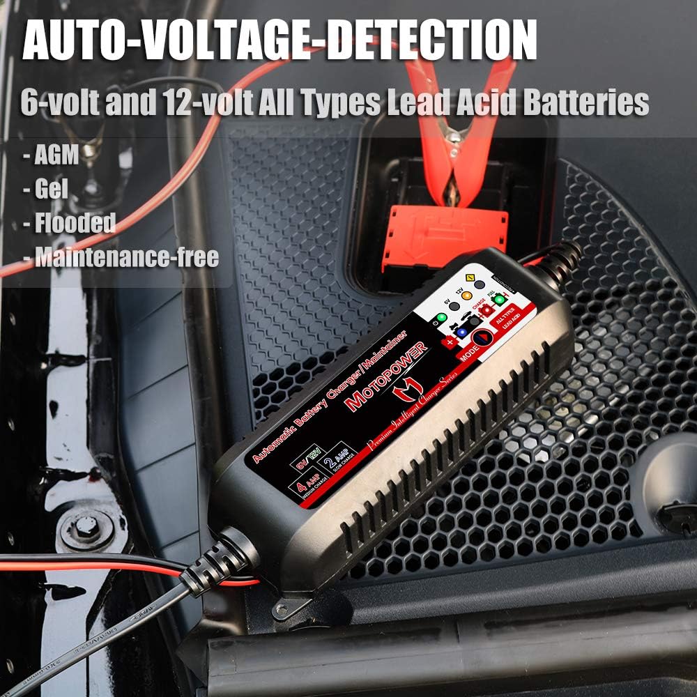 MOTOPOWER MP00207 6V and 12V 4AMP Automatic Smart Battery Charger