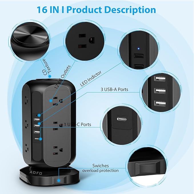 Power Strip Tower AOFO Surge Protector 12 AC Outlets - Image 4