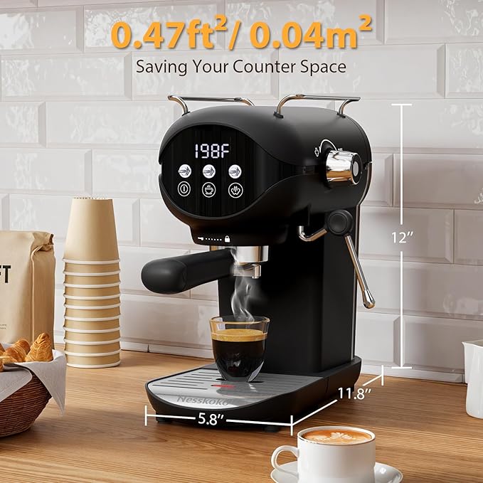 Espresso Machine with Steam Milk Frother Semi Automatic 20 Bar Compact Black - Image 5