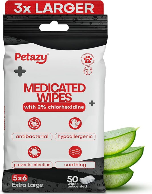 2% Chlorhexidine Wipes for Dogs 3X Larger | Yeast Infection Ringworm Fungus Hot by Petazy