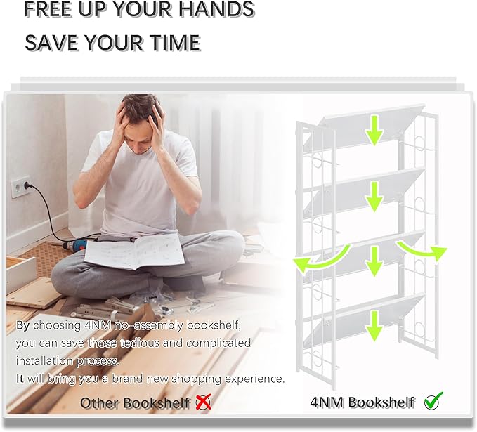 4NM No Assembly 4 Tiers Folding Bookshelf, 47.2" H Foldable Storage Shelves - Image 7