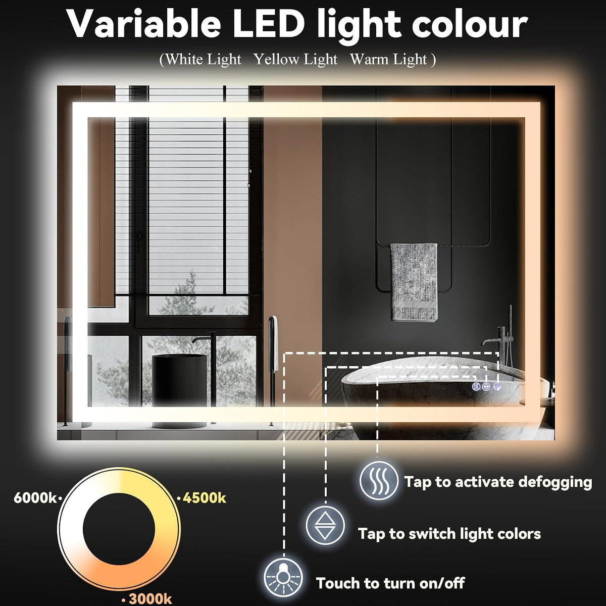 LED Bathroom Mirror 32 x 40 inches - 3 Color Adjustable Modes | Lighted Smart Bathroom Vanity Mirror, Anti-fog, Memory Function, Tempered Glass, Wall Mounted Horizontally Vertically