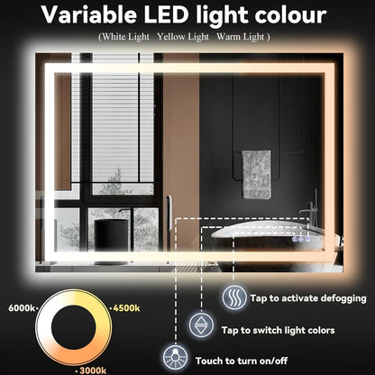 LED Bathroom Mirror 32 x 40 inches - 3 Color Adjustable Modes | Lighted Smart Bathroom Vanity Mirror, Anti-fog, Memory Function, Tempered Glass, Wall Mounted Horizontally Vertically