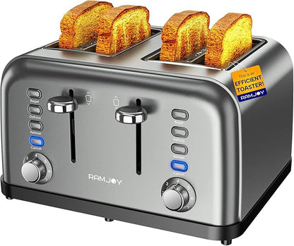 Grey Toaster 4 Slice, Dual Independent Controls, Extra Wide Slot Toasters by RAMJOY