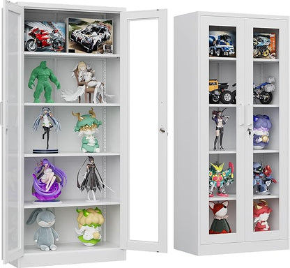 Metal Storage Cabinet with Lock and Glass Doors, Locking Curio Cabinets with 5 by SISESOL