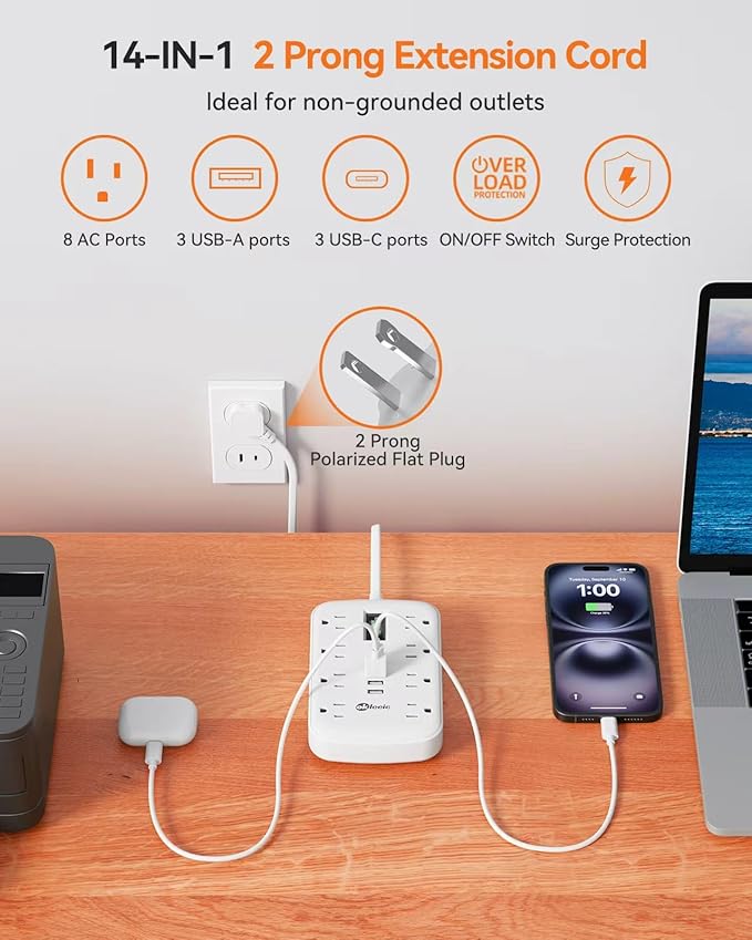 2 Prong Power Strip, 3 to 2 Prong Outlet Adapter, 1700J 2 Prong Surge Protector - Image 2