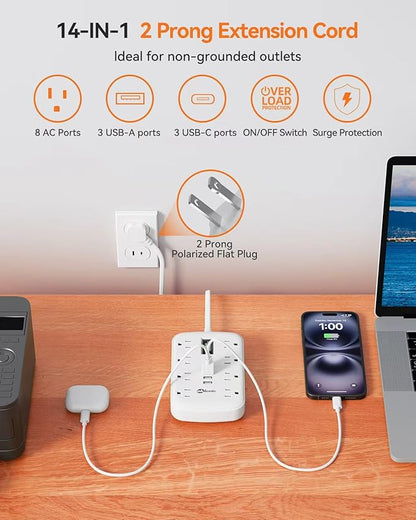 2 Prong Power Strip, 3 to 2 Prong Outlet Adapter, 1700J 2 Prong Surge Protector - Image 2