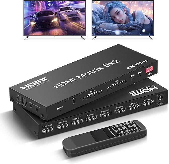 HDMI Matrix Switch 6 in 2 Out, 4K@60Hz HDMI Switch by FERRISA