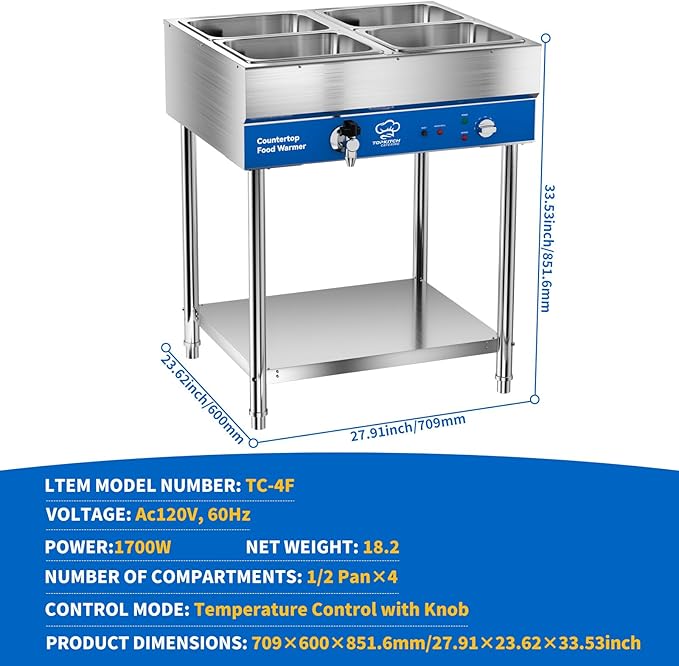 4-Pan Commercial Food Warmer, Electric Steam Table, 120V 1700W Stainless Steel - Image 2