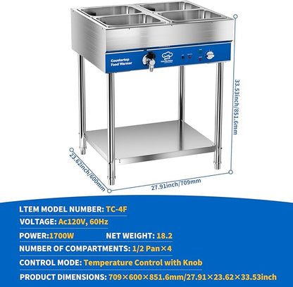 4-Pan Commercial Food Warmer, Electric Steam Table, 120V 1700W Stainless Steel - Image 2