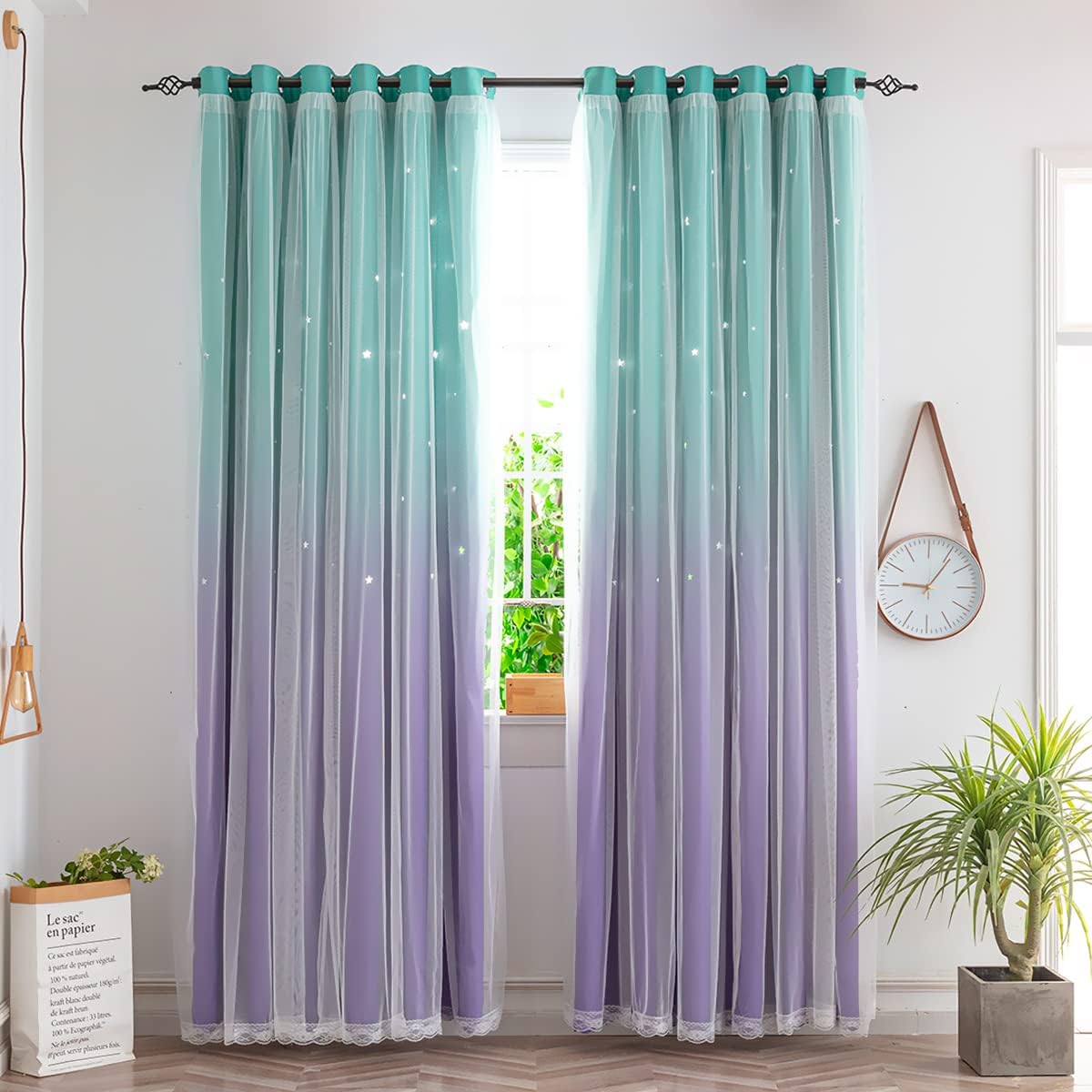 Kids Curtains for Girls Bedroom Princess Curtains for Daughter Room 96 Inches Long Star Curtains with Tieback & 3 Bowties(Purple Teal,W52*L96),1 Panel