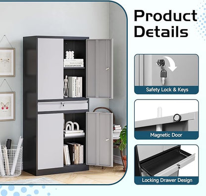 MIIIKO Storage Cabinet with 4 Doors, Metal Garage Cabinet with Drawer and - Image 4