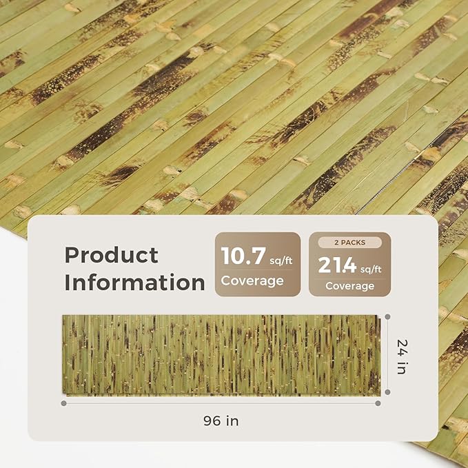 OUZUGIE 2 Pack 96x24 Inch Natural Bamboo Wall Panel – Green Burned Pole Wrap - Image 2