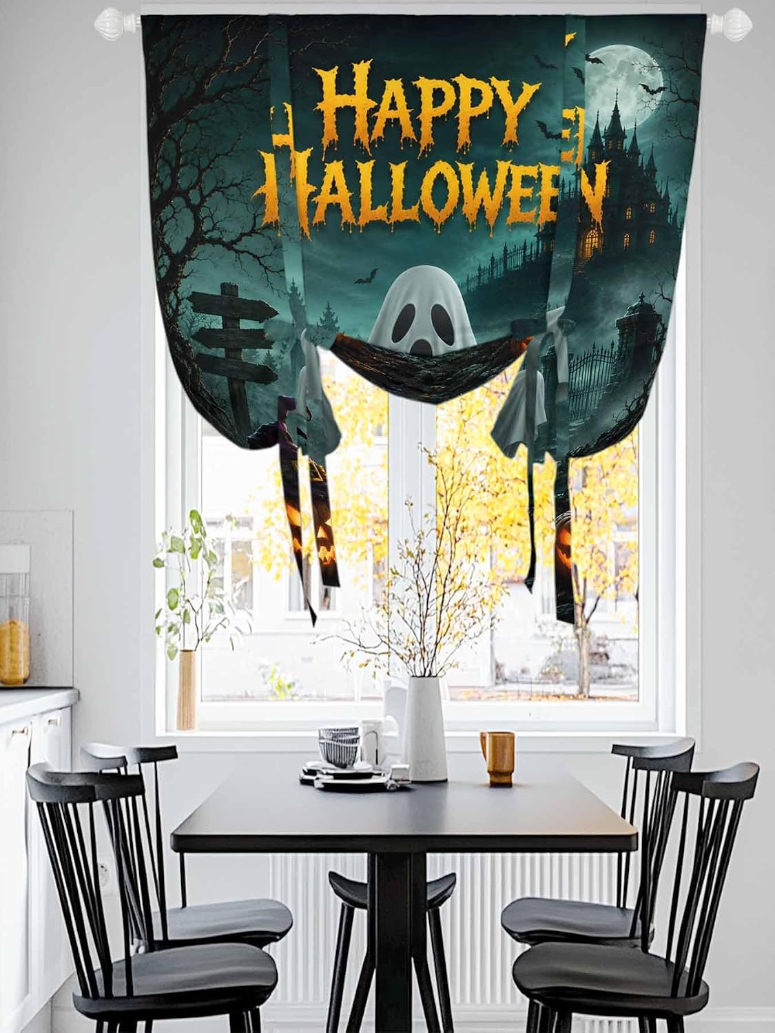 Happy Halloween Ghost Pumpkin Tie Up Curtains for Windows, Retro Haunted House Rod Pocket Window Shade Adjustable Balloon Curtain Valance for Bedroom Kitchen Bathroom Blinds 34x45in