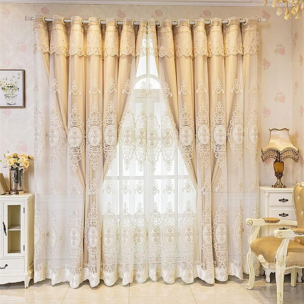 Amidoudou 1 Pair European Double Layer Curtains with Valances for Living Room Bedroom Luxury 3D Flower Embroidered Curtains (Yellow,52x84 Inch)