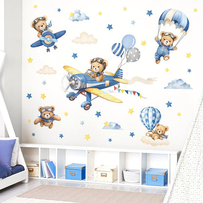 decalmile Airplane with Animals Bear Hot Air Balloon Wall Decals Stickers