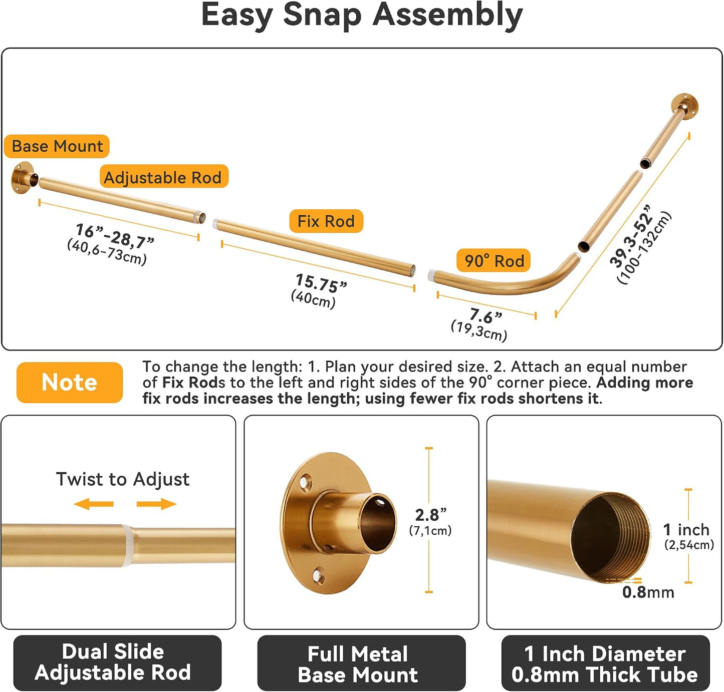 L Shaped Corner Shower Curtain Rod, [23.6"-52"] x [23.6"-52"] Heavy Duty 90 Degree Adjustable Shower Pole for Bathroom, Bathtub & Outdoor with 12 Hooks & Ceiling Support - Gold