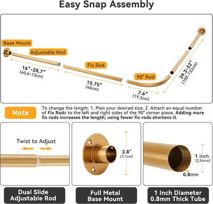 L Shaped Corner Shower Curtain Rod, [23.6"-52"] x [23.6"-52"] Heavy Duty 90 Degree Adjustable Shower Pole for Bathroom, Bathtub & Outdoor with 12 Hooks & Ceiling Support - Gold