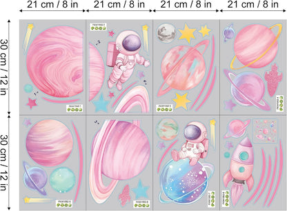 Pastel Pink Planet Orbits Wall Decals, Fantasy Outer Space Themed Wall Stickers with Rocket Astronaut and Stars for Kid's Bedroom, Nursery, Playoom, Peel and Stick Reusable