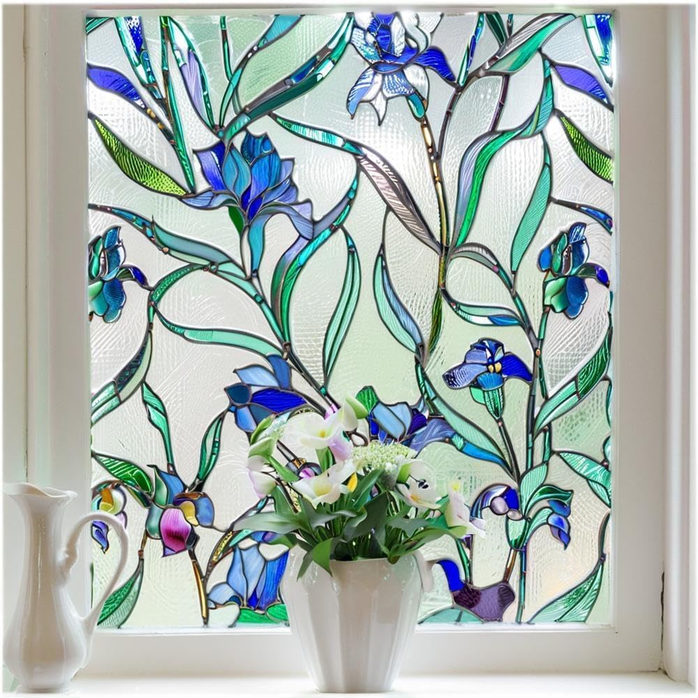 Coavas 3D Stained Glass Privacy Window Film, Static Cling, Blue 17.5"x39.4" | UV & Heat Blocking, Reusable No Adhesive, 3D Floral Pattern for Bathroom Kitchen Front Door Windows