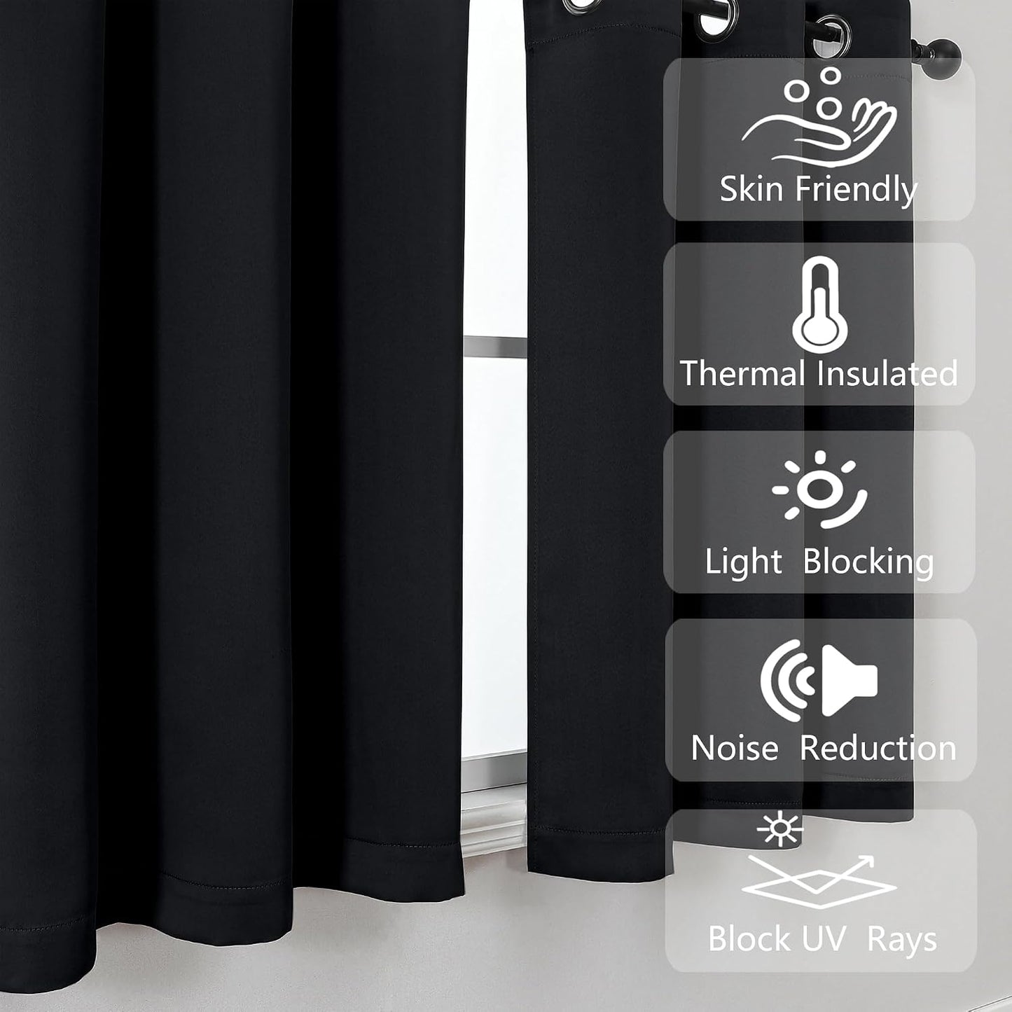 Simplebrand Halloween Black Short Kitchen Curtains 24 Inch Length 2 Panels Set, Small Windows Blackout Curtain for Bathroom, Room Darkening Thermal Insulated Short Drapes, 40 x 24 Inch, Black