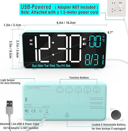 KOSUMOSU Digital Alarm Clock for Bedroom, 6.7in Desk Clock LED, Auto Dimming - Image 5