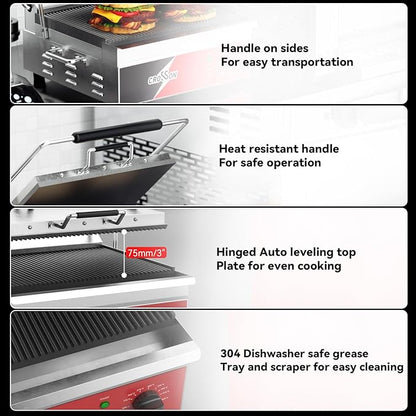 CROSSON 15"×11" Ribbed ETL Listed Commercial Electric Panini Grill, Hinged Auto - Image 4