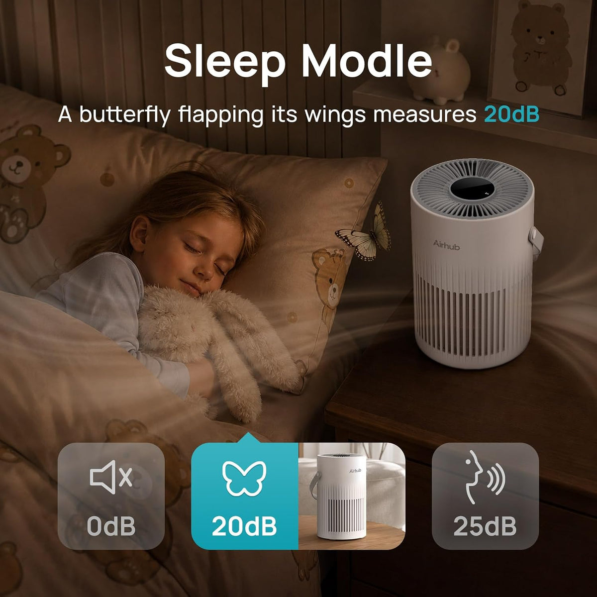 air purifier for home bedroom, 20db quiet sleep shown in use