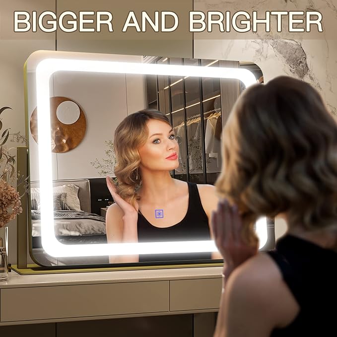 FENNIO Gold Vanity Mirror with Lights 22"x19", LED Lighted Makeup Mirror - Image 3