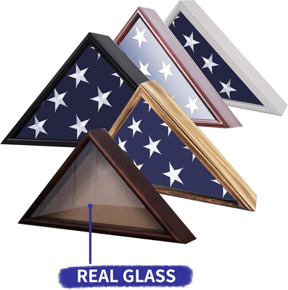 Burial Flag Display Case Fits 5'x9.5' Flag, Thin Bottom Edge Military Flag Box with Glass Front for American Veteran Flag, Wooden Memorial Folded Flag Case Shadow Box (Black)