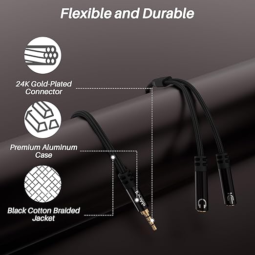 1/8inch Aux Headphone Splitter 2 Way Cable 1FT, 3.5mm 1 Male to 2 Female Mic - Image 2