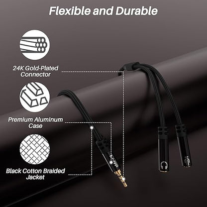 1/8inch Aux Headphone Splitter 2 Way Cable 1FT, 3.5mm 1 Male to 2 Female Mic - Image 2