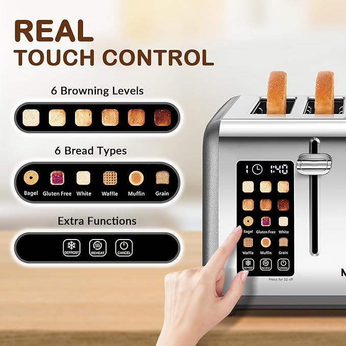 Mecity 4 Slice Toaster with Touch Screen Control, 4 Wide Slots, Stainless Steel - Image 2