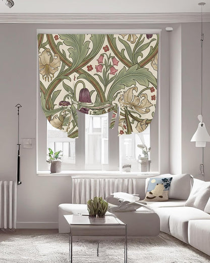 Tie Up Curtains for Windows, Botanical Flowers Adjustable Balloon Nature Linen Textured Kitchen Curtain, Vintage Chic Floral Leaf Plant Green Brown Room Darkening Curtains for Glass Door, 42 x 45 In