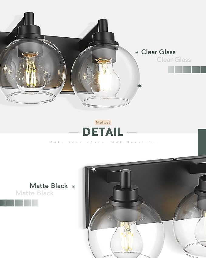 METWET Bathroom Light Fixtures, 6 Light Matte Black Vanity Light, 38 Inch - Image 3