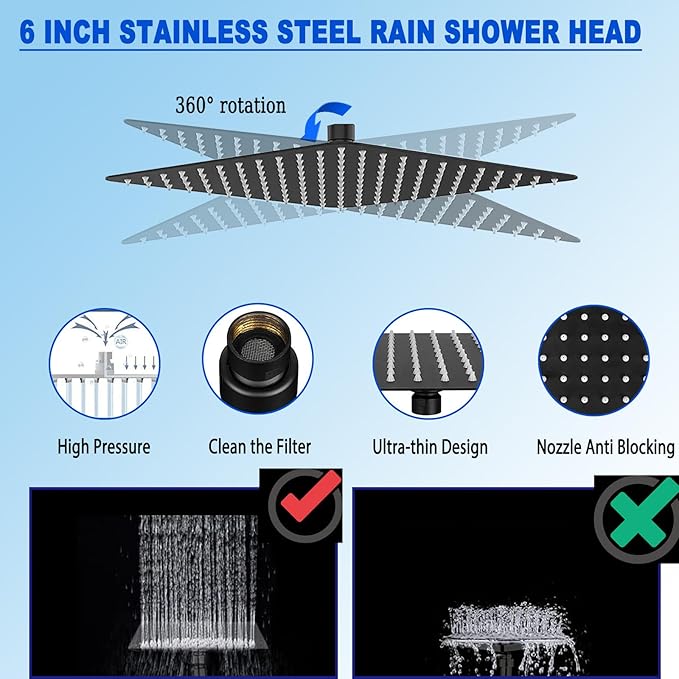 6'' Square High Pressure Rain Black Shower Heads - Image 4