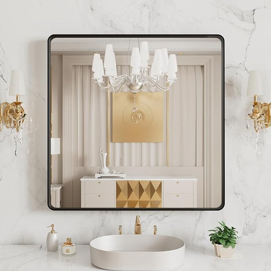 LOAAO 38x38 Inch Black Metal Framed Bathroom Mirror by LOAAO