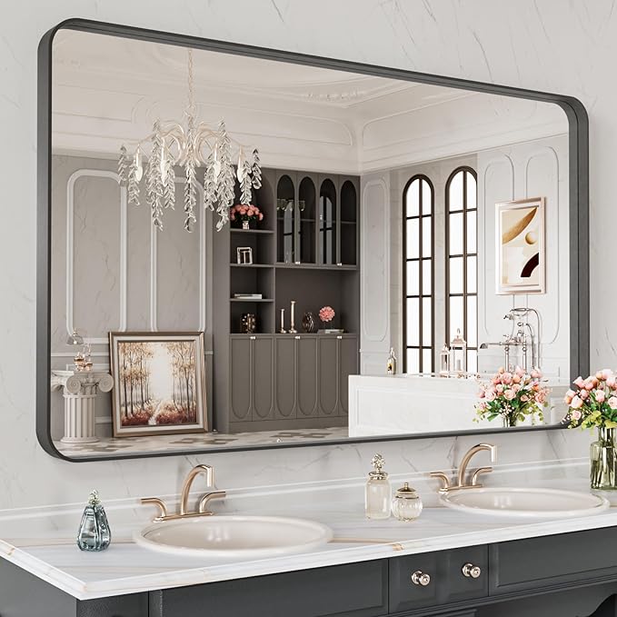 LOAAO 48X28 Inch Black Metal Framed Bathroom Mirror by LOAAO