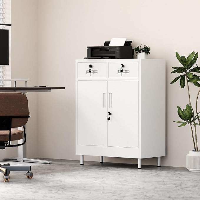 Metal Storage Cabinet with Locking Doors and 2 Drawers, Lockable Storage - Image 10